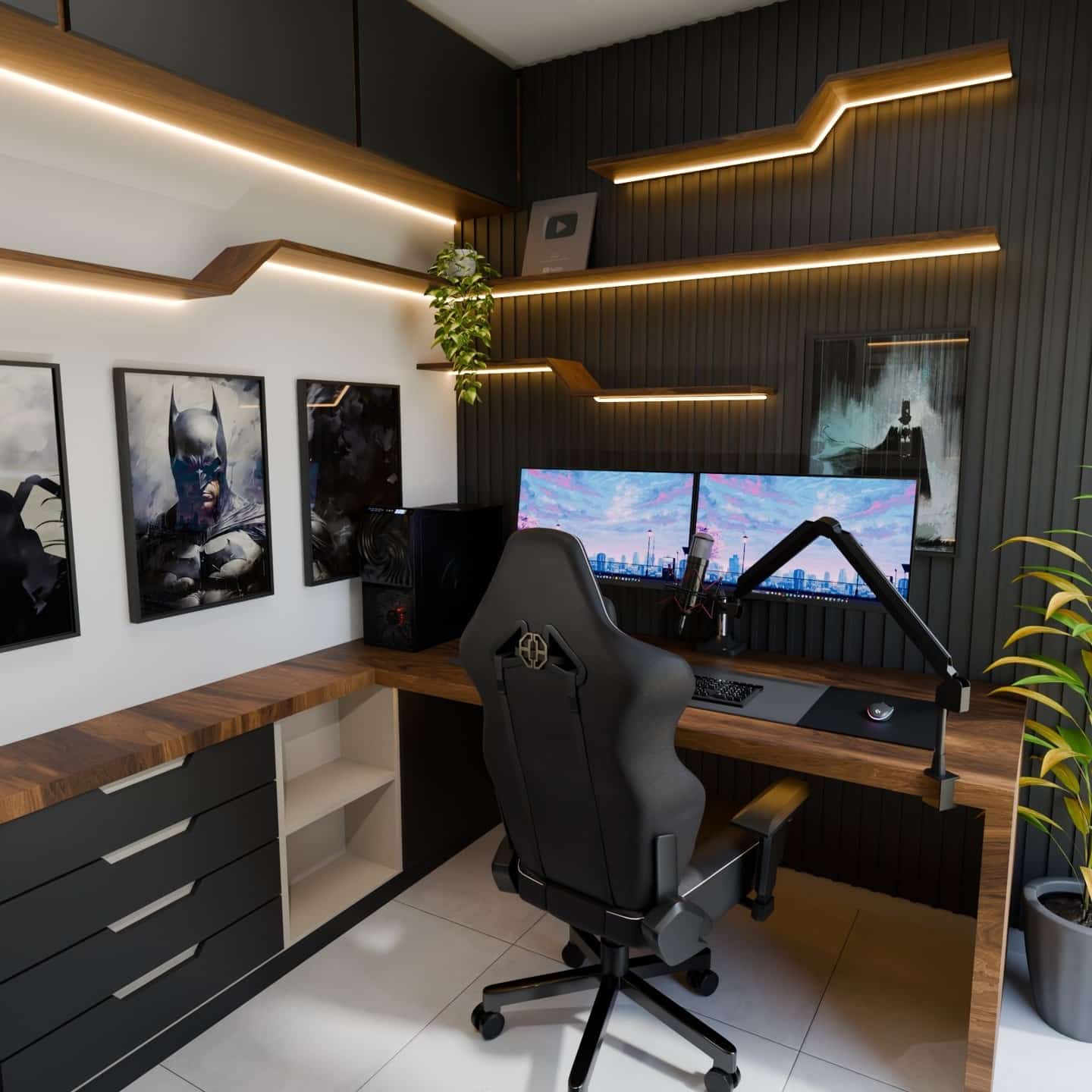 12. Black, Walnut and Warm White Gaming Office Idea - gaming office ideas