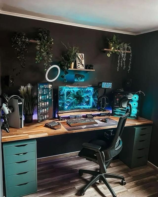 13. Dark Teal and Cyan Gaming Office Idea - gaming office ideas