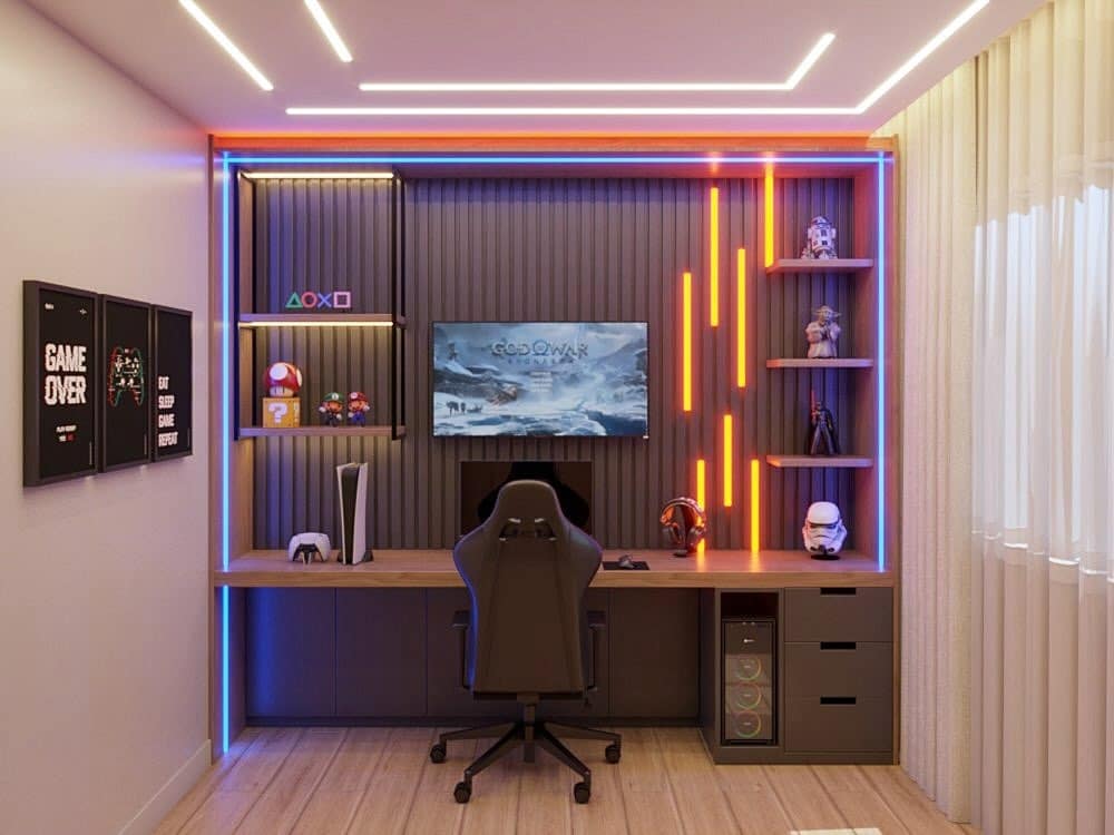15. Charcoal, Blue and Orange Gaming Office Idea - gaming office ideas