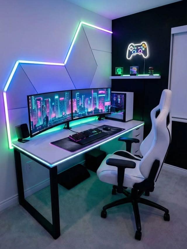 16. Black, White and Neon Gaming Office Idea - gaming office ideas