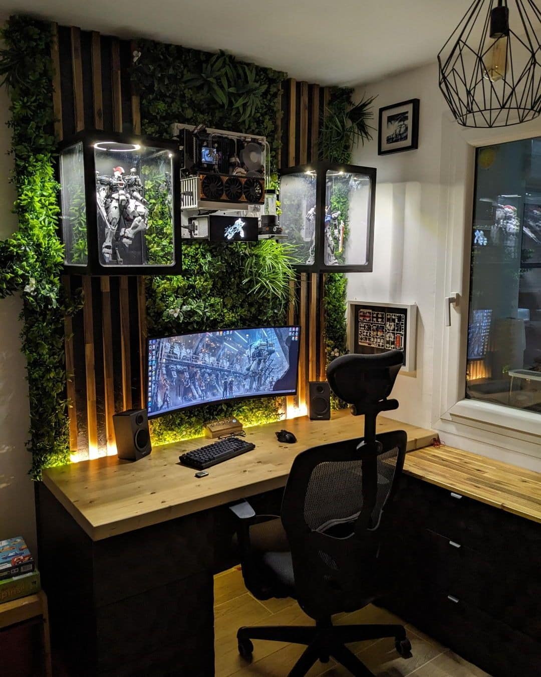 19. Green, Black and Natural Wood Gaming Office Idea - gaming office ideas