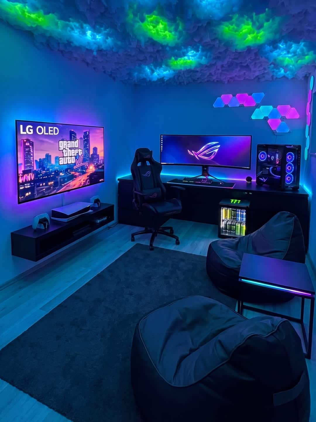 20. Electric Blue and Purple Gaming Office Idea - gaming office ideas