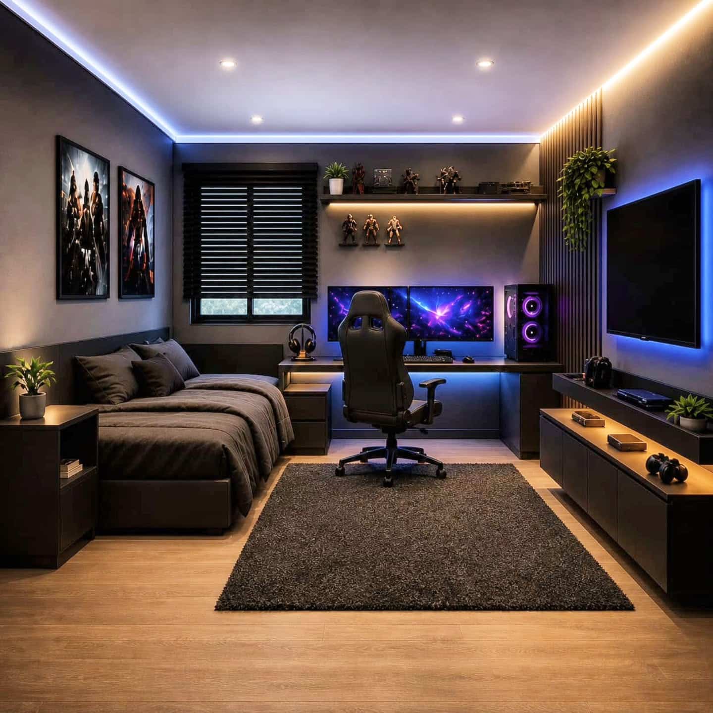 22. Charcoal Gray and Electric Blue Gaming Bedroom Office Idea - gaming office ideas