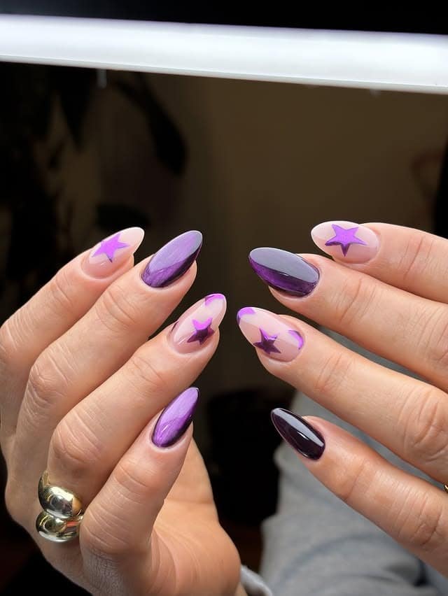 10. Purple Chrome Star Almond Nails - star nail ideas
