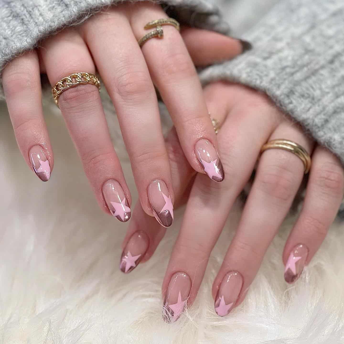 11. Pink and Rose Gold Star Almond Nails - star nail ideas