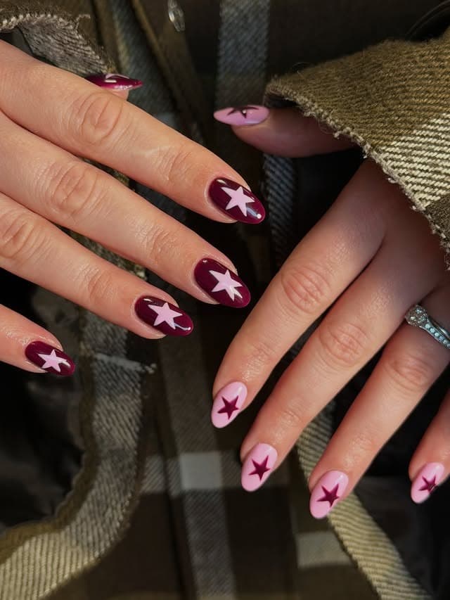 17. Burgundy and Pink Star Short Nails - star nail ideas