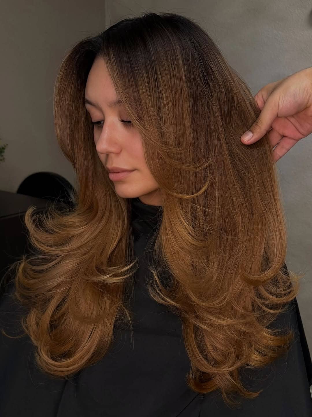 14. Warm Caramel Brunette Feathered Layers - Old Money Hair