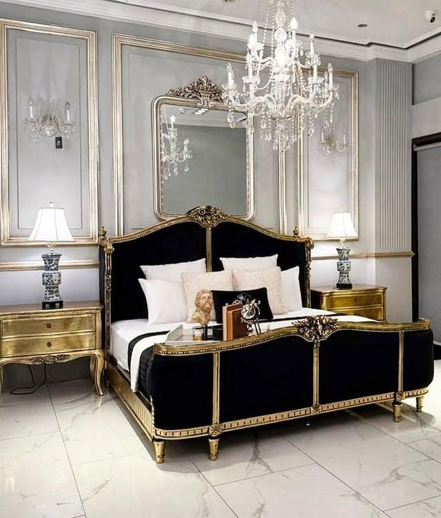 1. Regal Black, White and Antique Gold Bedroom Idea - black, white and gold bedroom ideas