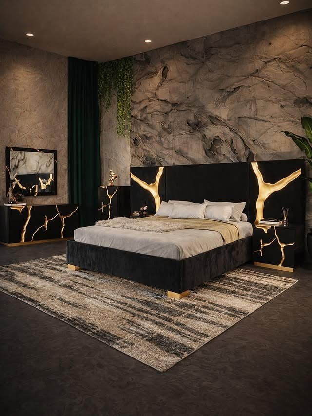 2. Modern Black and Gold Stone Accent Bedroom Idea - black, white and gold bedroom ideas