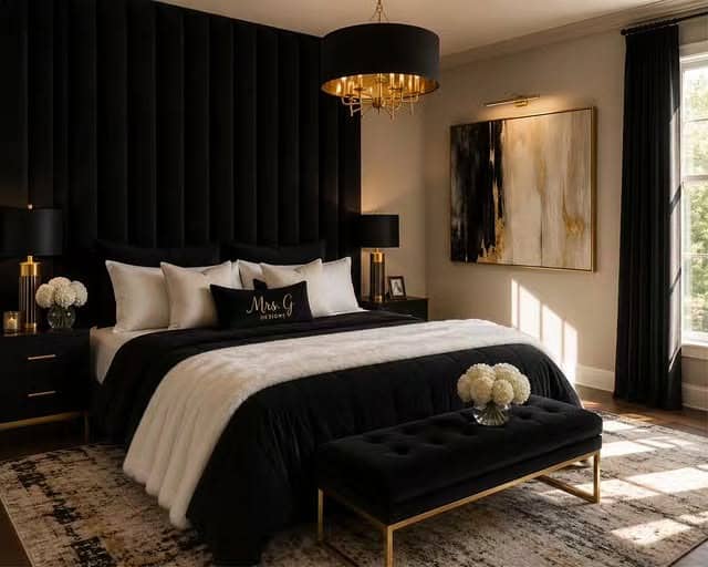 5. Contemporary Black, White and Soft Gold Bedroom Idea - black, white and gold bedroom ideas