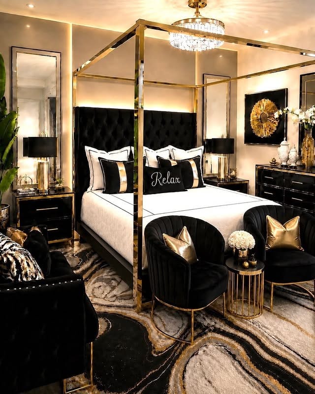 7. Black, White and Gold Canopy Bedroom Idea - black, white and gold bedroom ideas