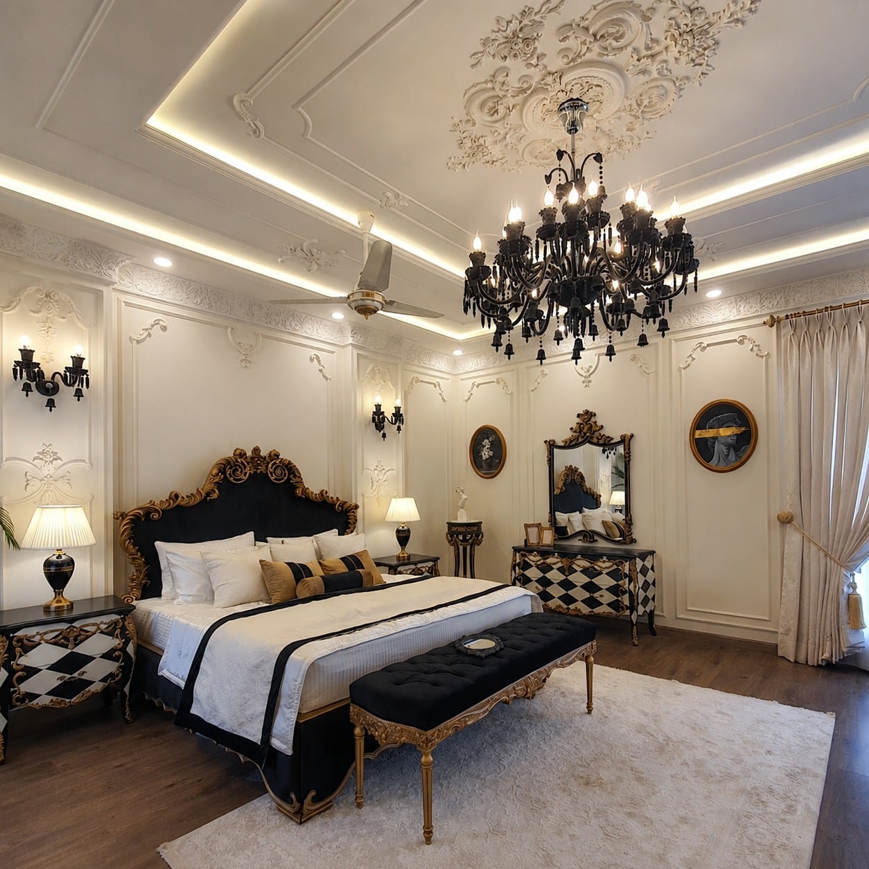 8. Classic White, Black and Gold Bedroom Idea - black, white and gold bedroom ideas
