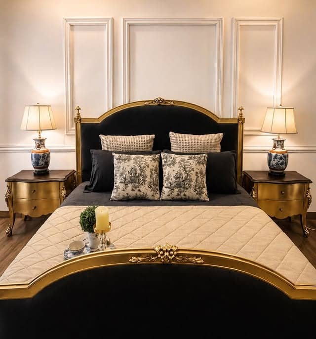 9. Traditional Black, Ivory and Gold Bedroom Idea - black, white and gold bedroom ideas
