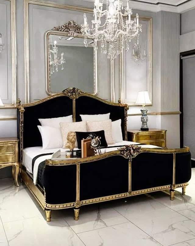 11. Regal Black, White and Antique Gold Bedroom Idea - black, white and gold bedroom ideas