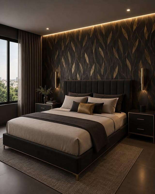 12. Moody Black, Cream and Gold Bedroom Idea - black, white and gold bedroom ideas