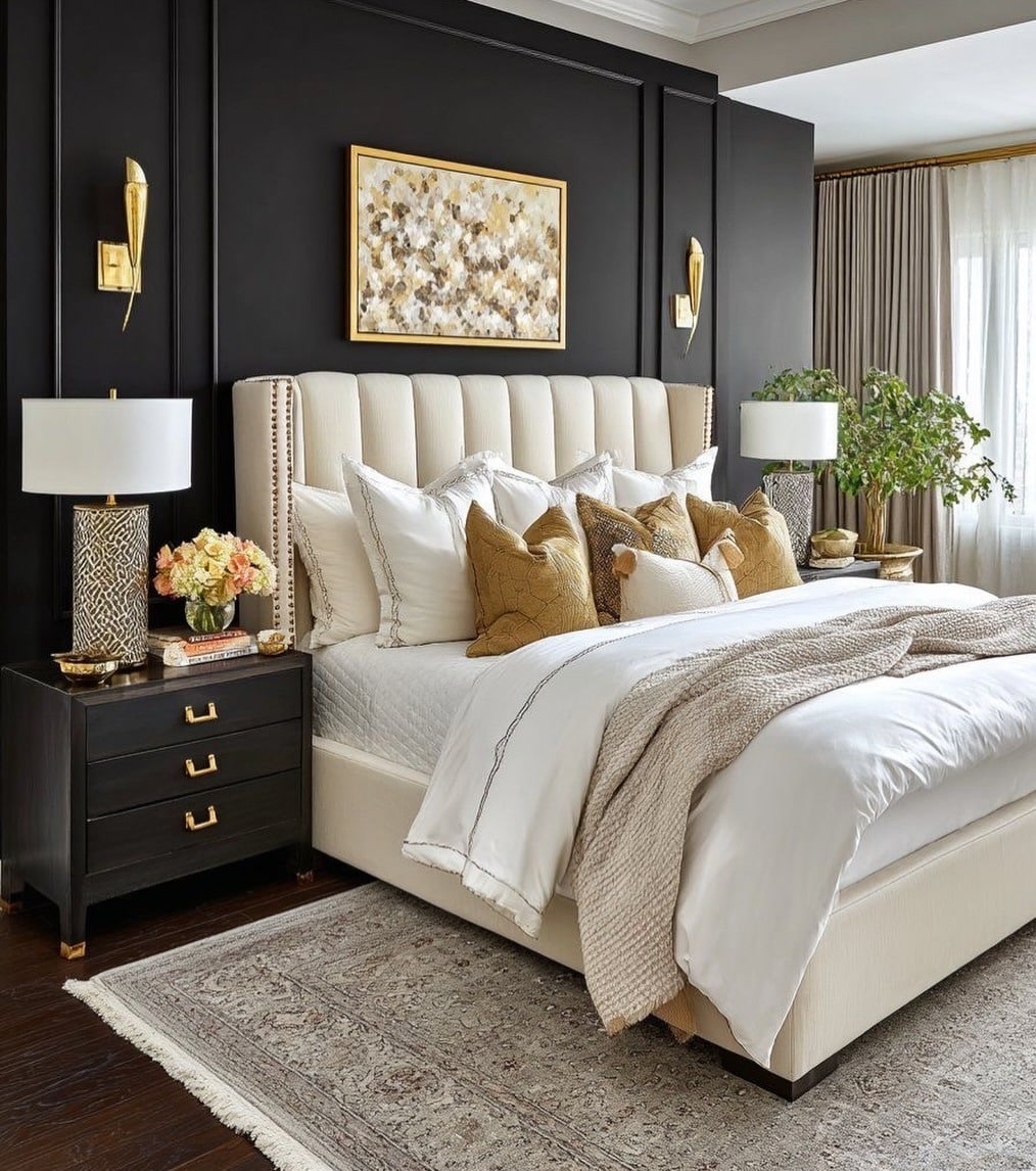 13. Elegant Black, White and Gold Accent Wall Bedroom Idea - black, white and gold bedroom ideas