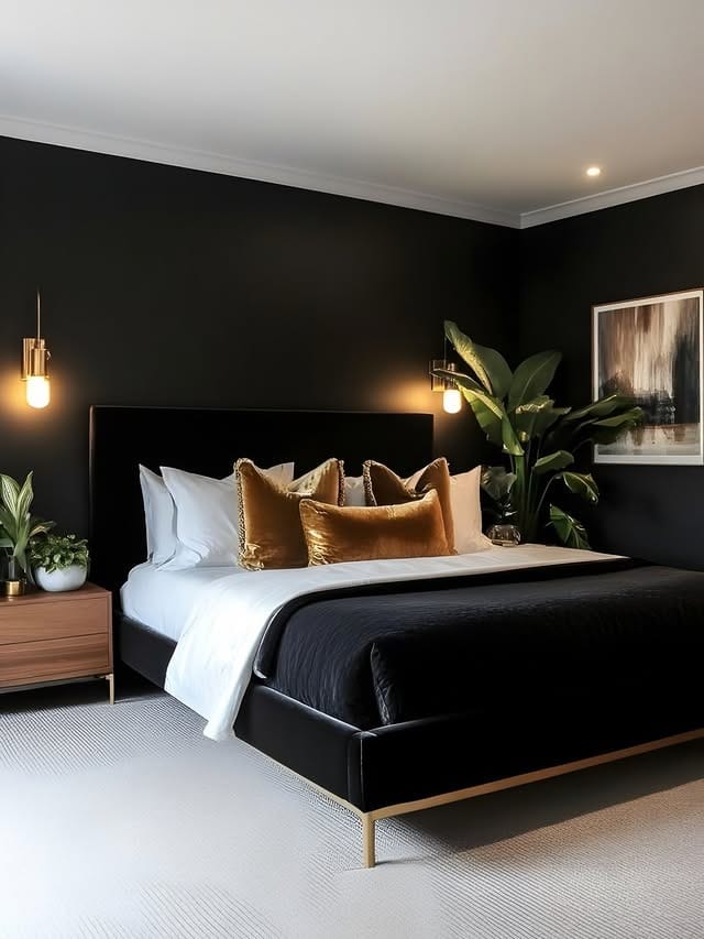 14. Modern Black, White and Burnished Gold Bedroom Idea - black, white and gold bedroom ideas