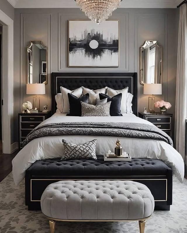 16. Chic Black, White and Soft Gold Bedroom Idea - black, white and gold bedroom ideas