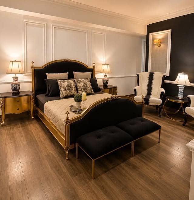 18. Traditional Black, White and Brass Gold Bedroom Idea - black, white and gold bedroom ideas