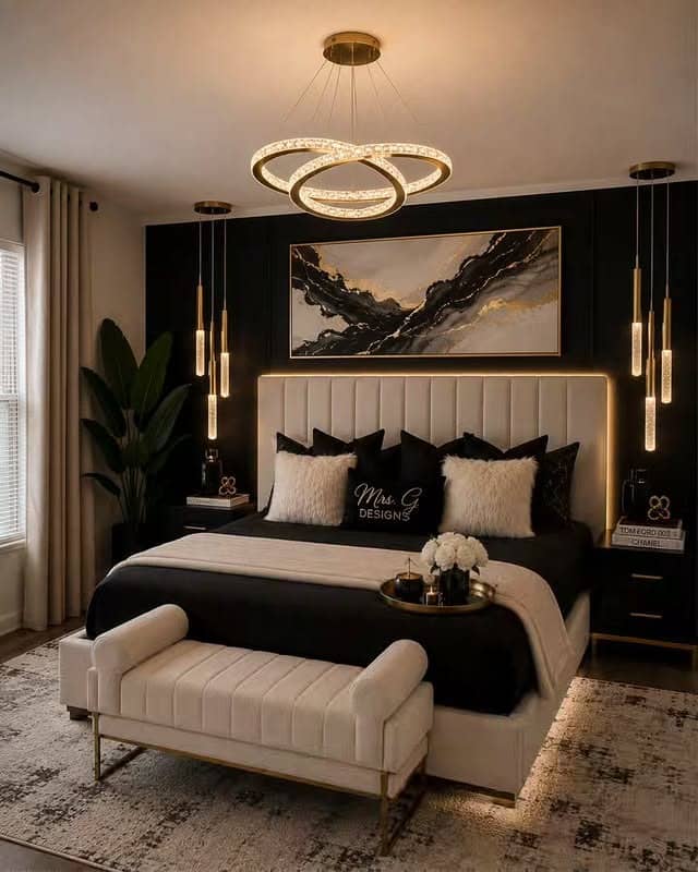 20. Modern Glam Black, White and Gold Bedroom Idea - black, white and gold bedroom ideas