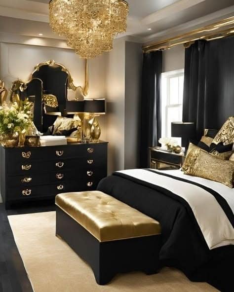 21. Glamorous Black, White and Gold Bedroom Idea - black, white and gold bedroom ideas