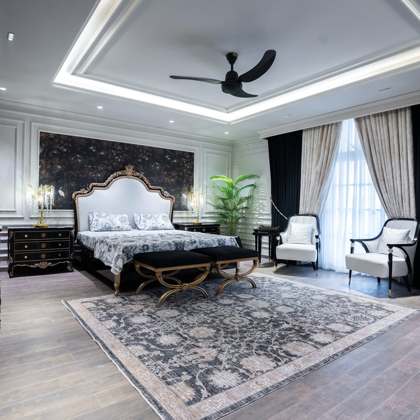 22. Grand Black, White and Antique Gold Bedroom Idea - black, white and gold bedroom ideas