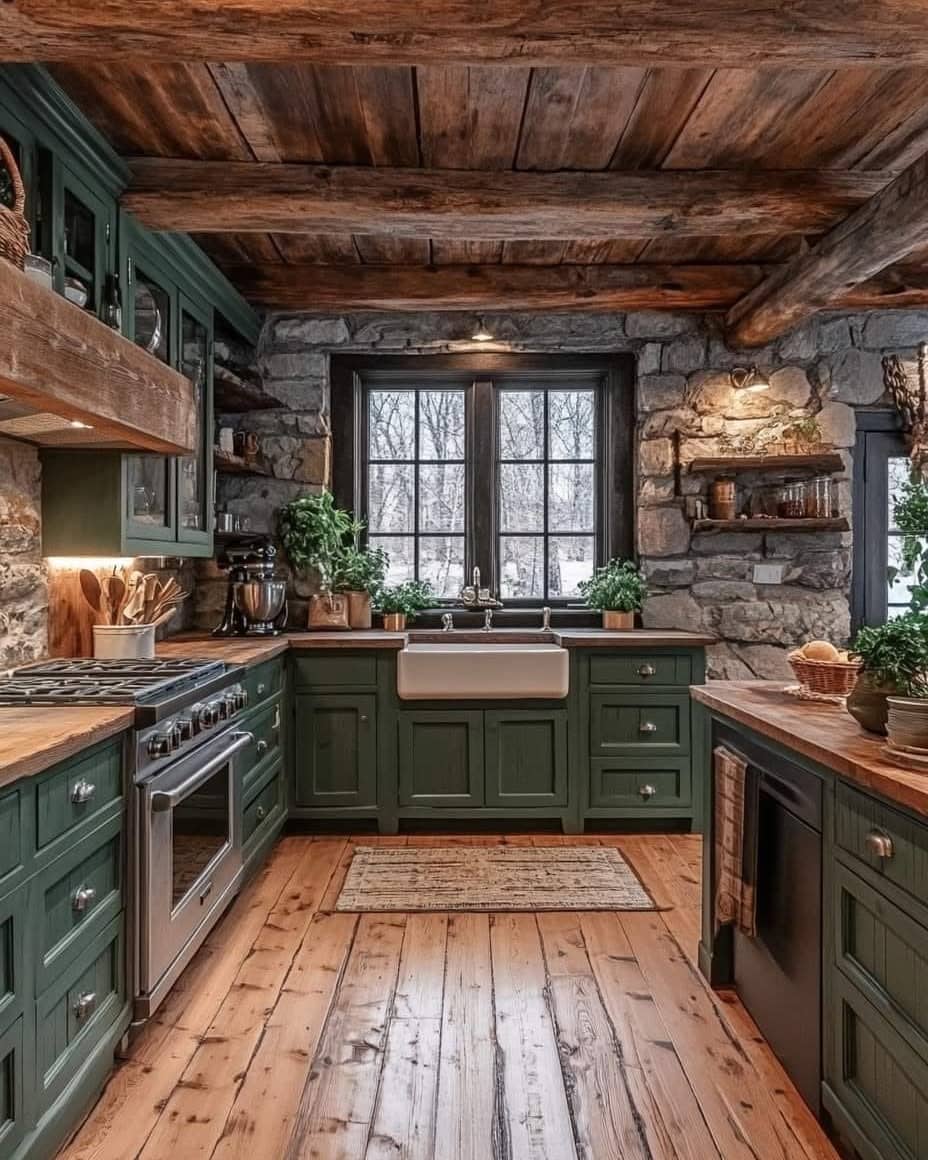 4. Forest Green and Rustic Brown Western Kitchen Idea - western kitchen ideas