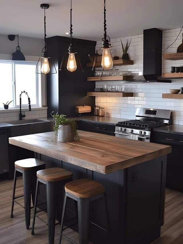 8. Matte Black and Rustic Wood Western Kitchen Idea - western kitchen ideas