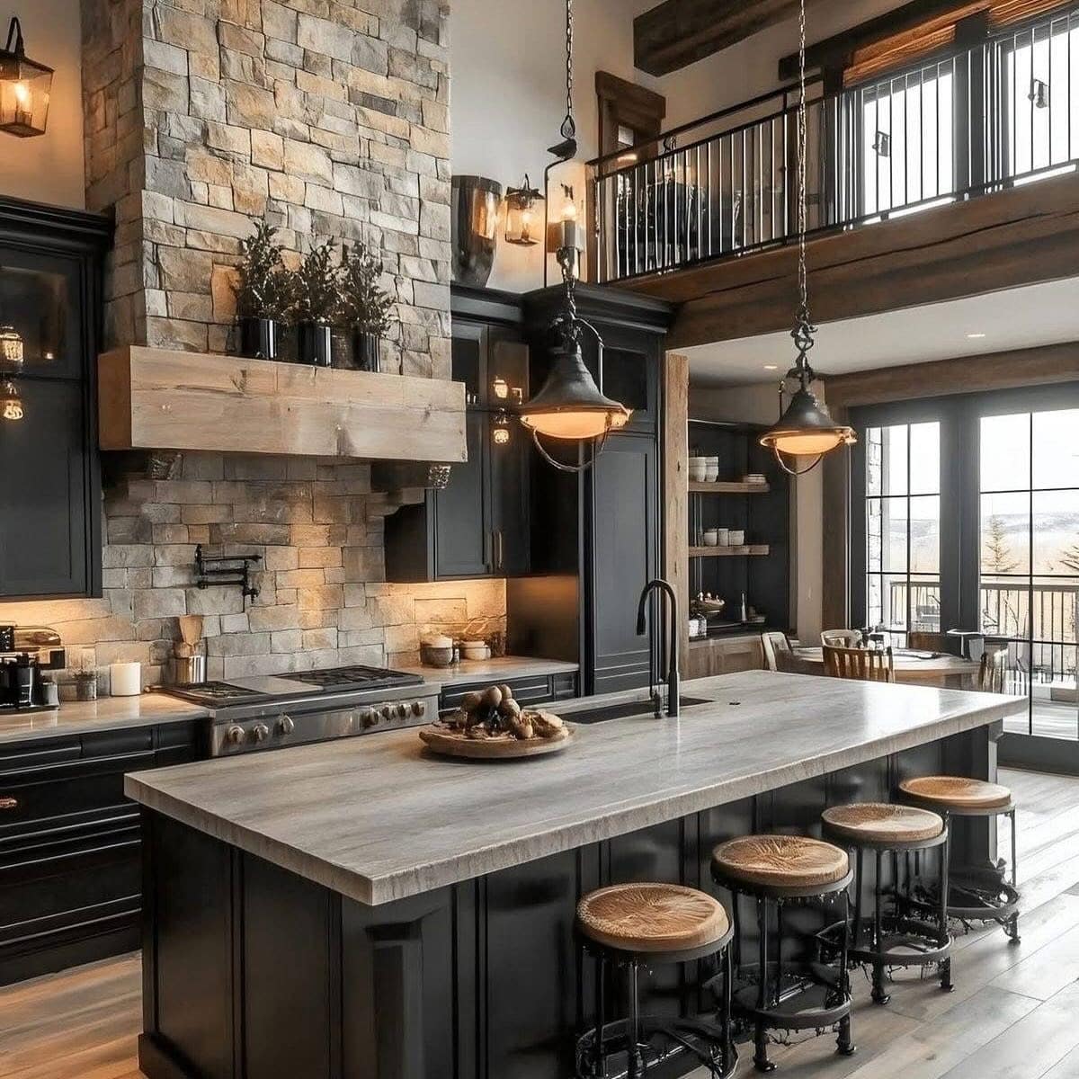 10. Charcoal Black and Natural Stone Western Kitchen Idea - western kitchen ideas