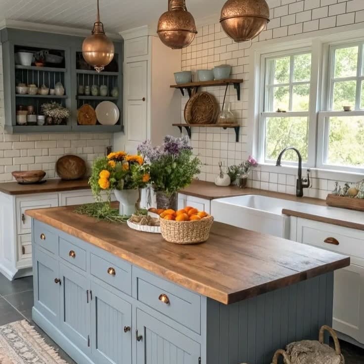13. Dusty Blue and Warm Wood Western Kitchen Idea - western kitchen ideas
