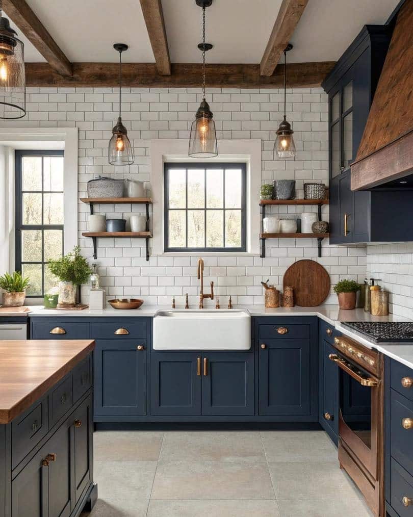 14. Deep Navy and Rustic Brown Western Kitchen Idea - western kitchen ideas