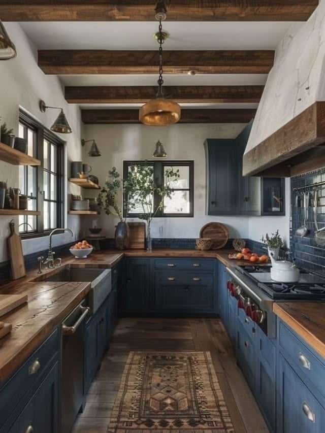 15. Slate Blue and Dark Walnut Western Kitchen Idea - western kitchen ideas