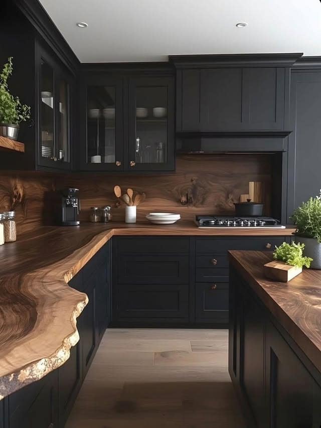 17. Matte Black and Live-Edge Walnut Western Kitchen Idea - western kitchen ideas
