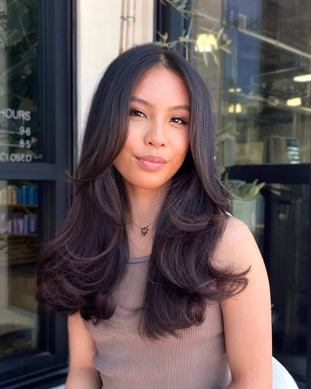 7. Deep Chocolate Brown Shoulder-Length Layers with Curtain Bangs - Face-Framing Haircuts