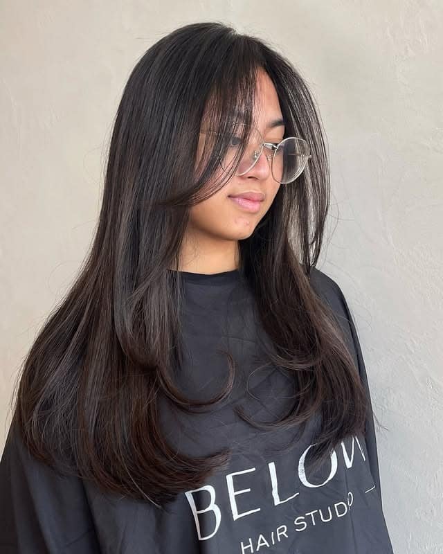 13. Dark Espresso Brown Layered Haircut with Curtain Fringe - Face-Framing Haircuts