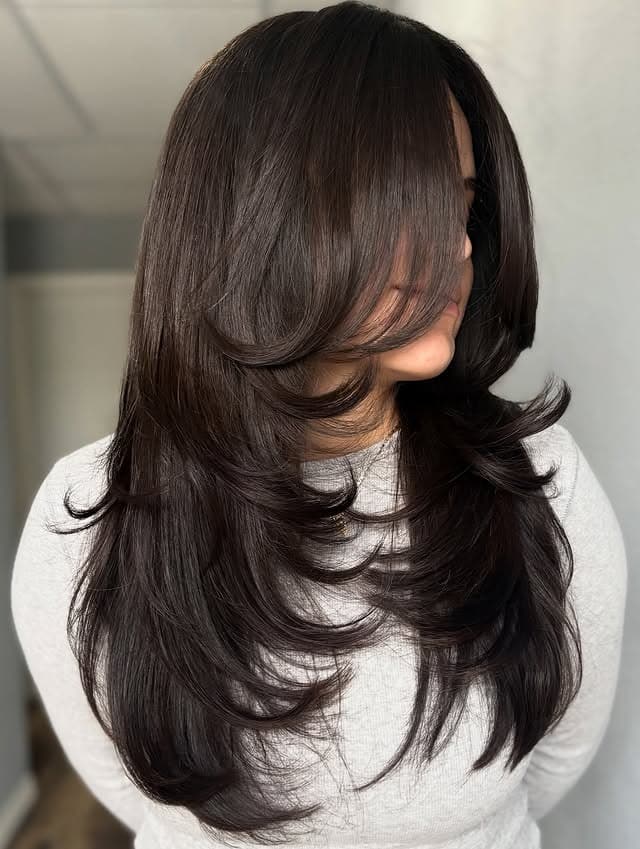 20. Rich Espresso Brown Butterfly Cut with Voluminous Face-Framing Layers - Face-Framing Haircuts