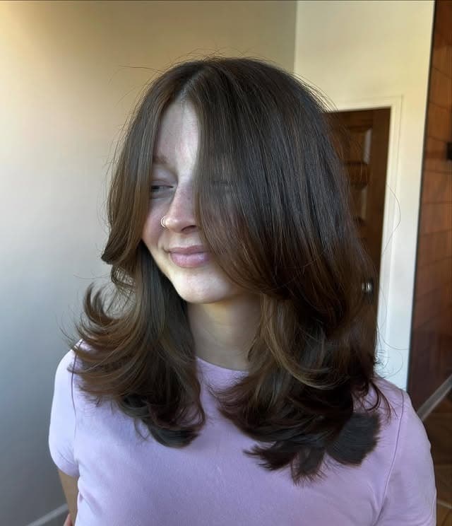 21. Medium Chocolate Brown Butterfly Haircut with Curtain Bangs - Face-Framing Haircuts