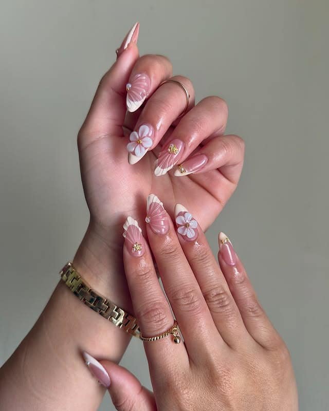 2. Blush Pink 3D Floral Nails with White Seashell Tips - aesthetic nail ideas