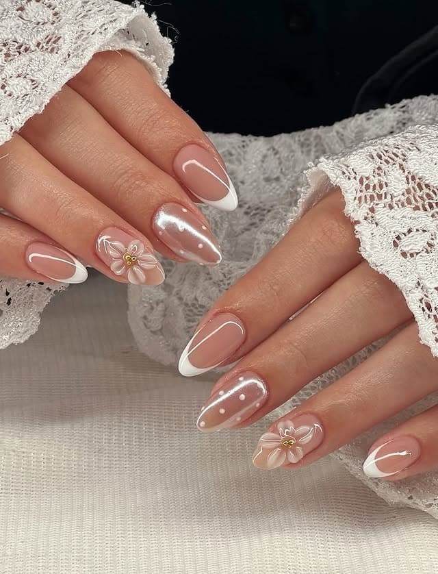 4. Milky Pink French Tip Nails with Pearl Chrome and Floral Art - aesthetic nail ideas
