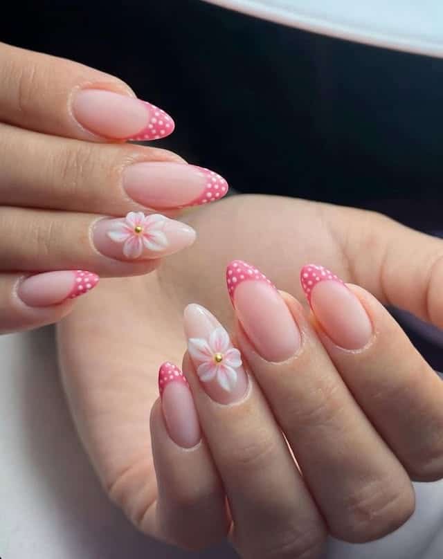 10. Pink Polka Dot French Tip Nails with White 3D Flowers - aesthetic nail ideas