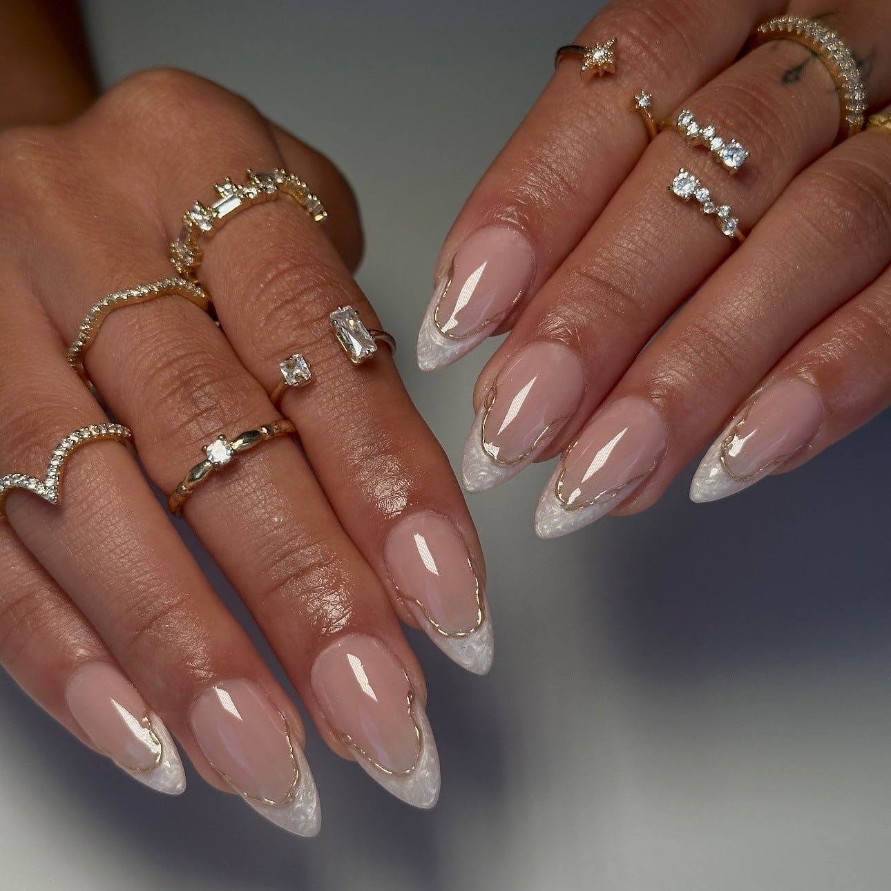 12. Pearl White French Tip Nails with Gold Chrome Outlines - aesthetic nail ideas