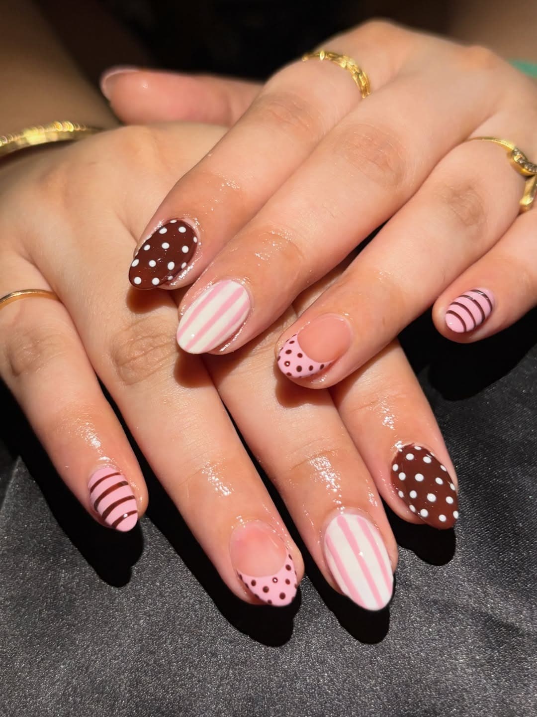 13. Chocolate Brown and Pink Polka Dot Almond Nails - aesthetic nail ideas