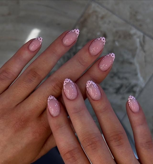 14. Baby Pink French Tip Nails with Chocolate Brown Polka Dots - aesthetic nail ideas