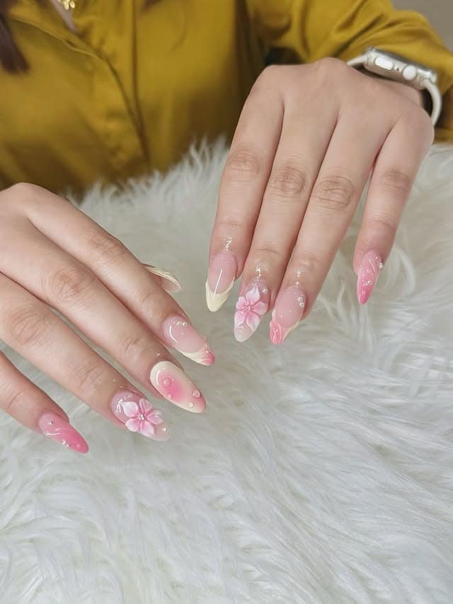 17. Blush Pink 3D Floral Almond Nails with Pearl Accents - aesthetic nail ideas