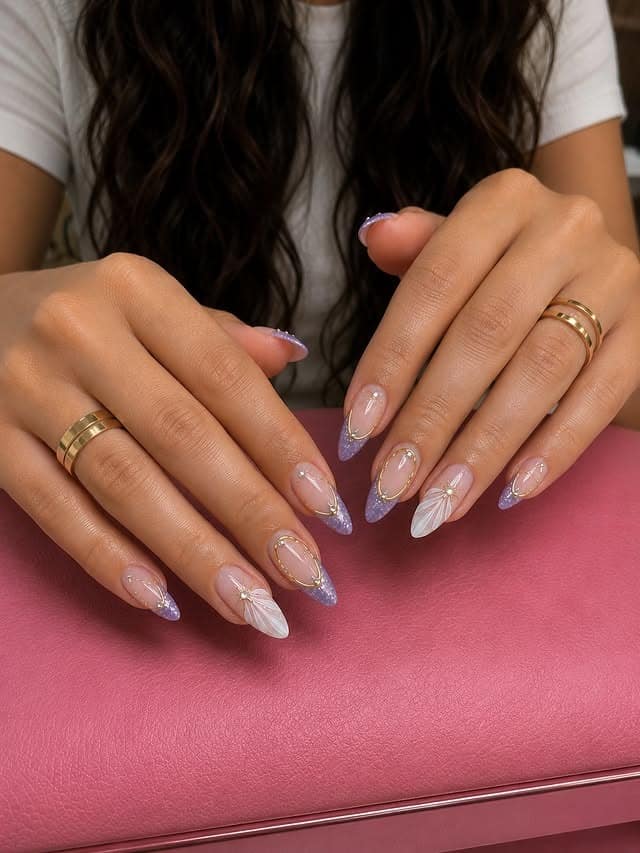 19. Lavender Glitter French Tip Nails with White Floral Art - aesthetic nail ideas