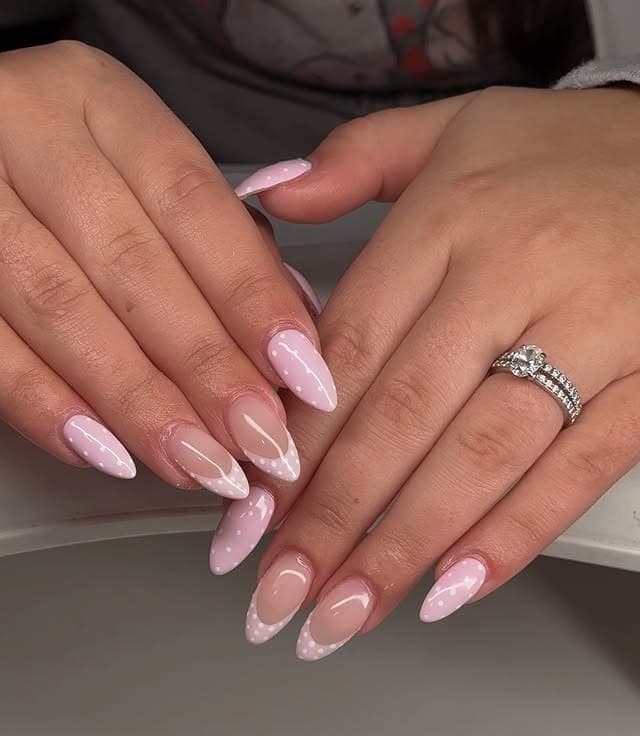 22. Baby Pink Polka Dot French Tip Almond Nails - aesthetic nail ideas