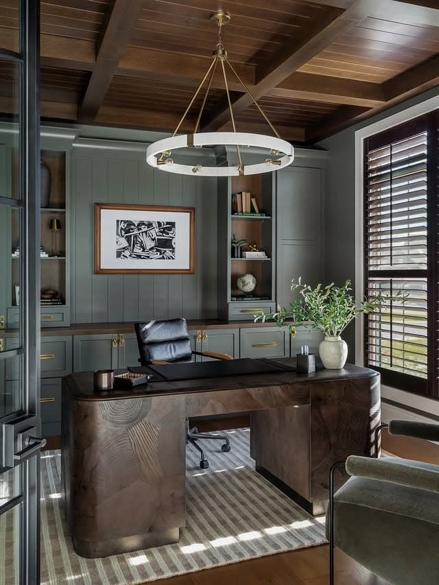 1. Elegant Dark Wood and Sage Green Office Decor Idea - office decor ideas