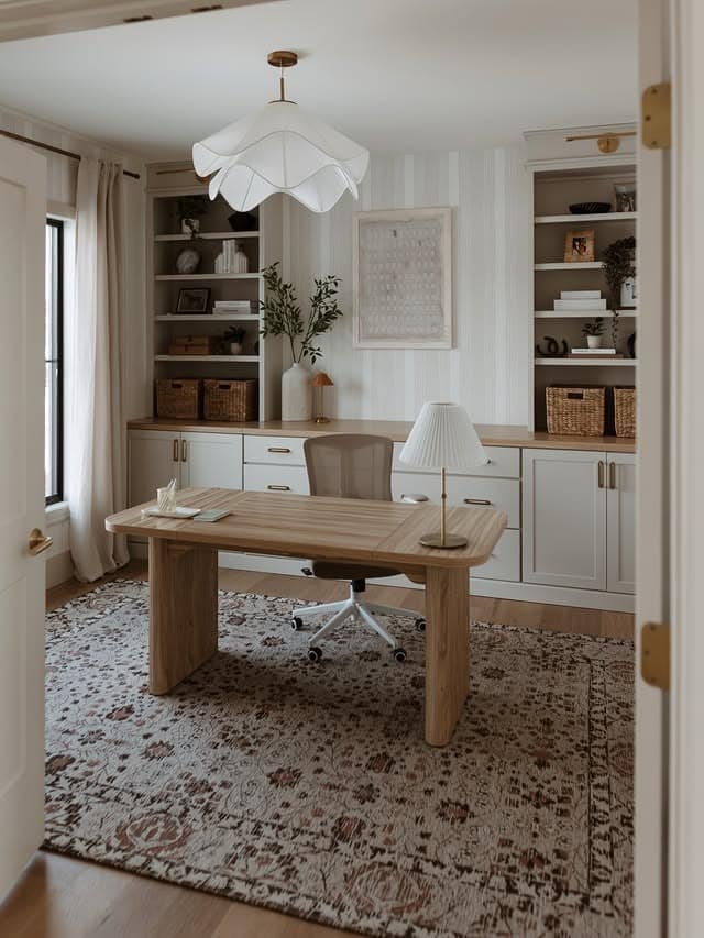 3. Soft Beige and Cream Office Decor Idea with Built-In Shelving - office decor ideas