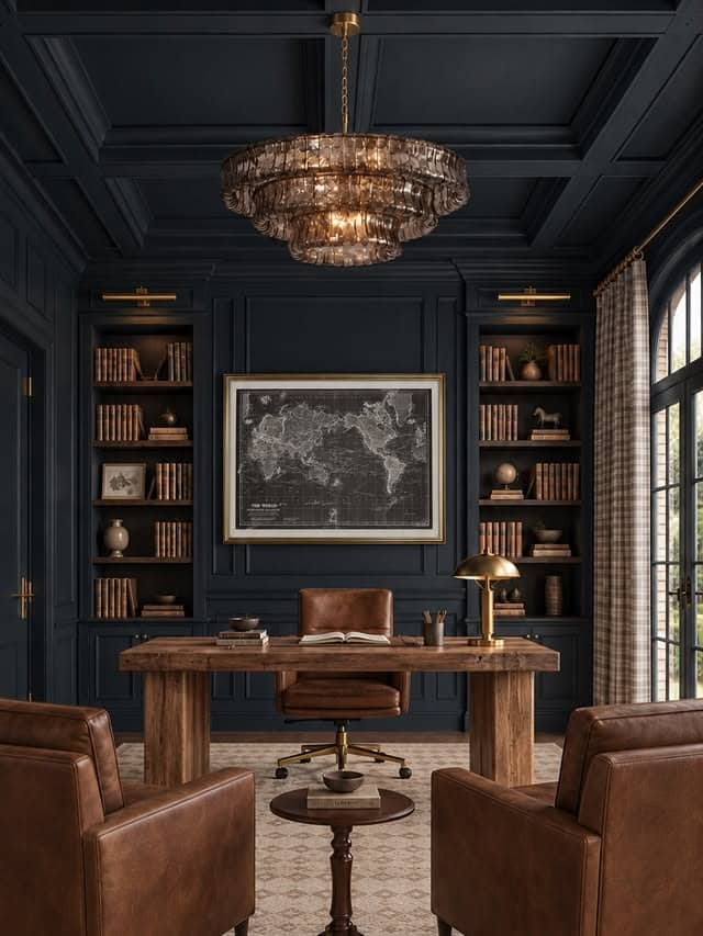 4. Luxurious Navy Blue and Brown Office Decor Idea - office decor ideas