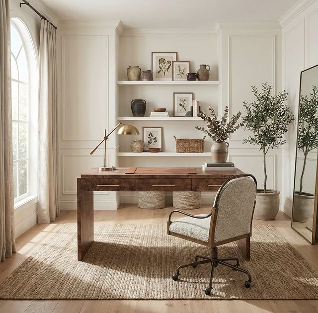 5. Timeless Neutral Office Decor Idea with Warm Wood Accents - office decor ideas